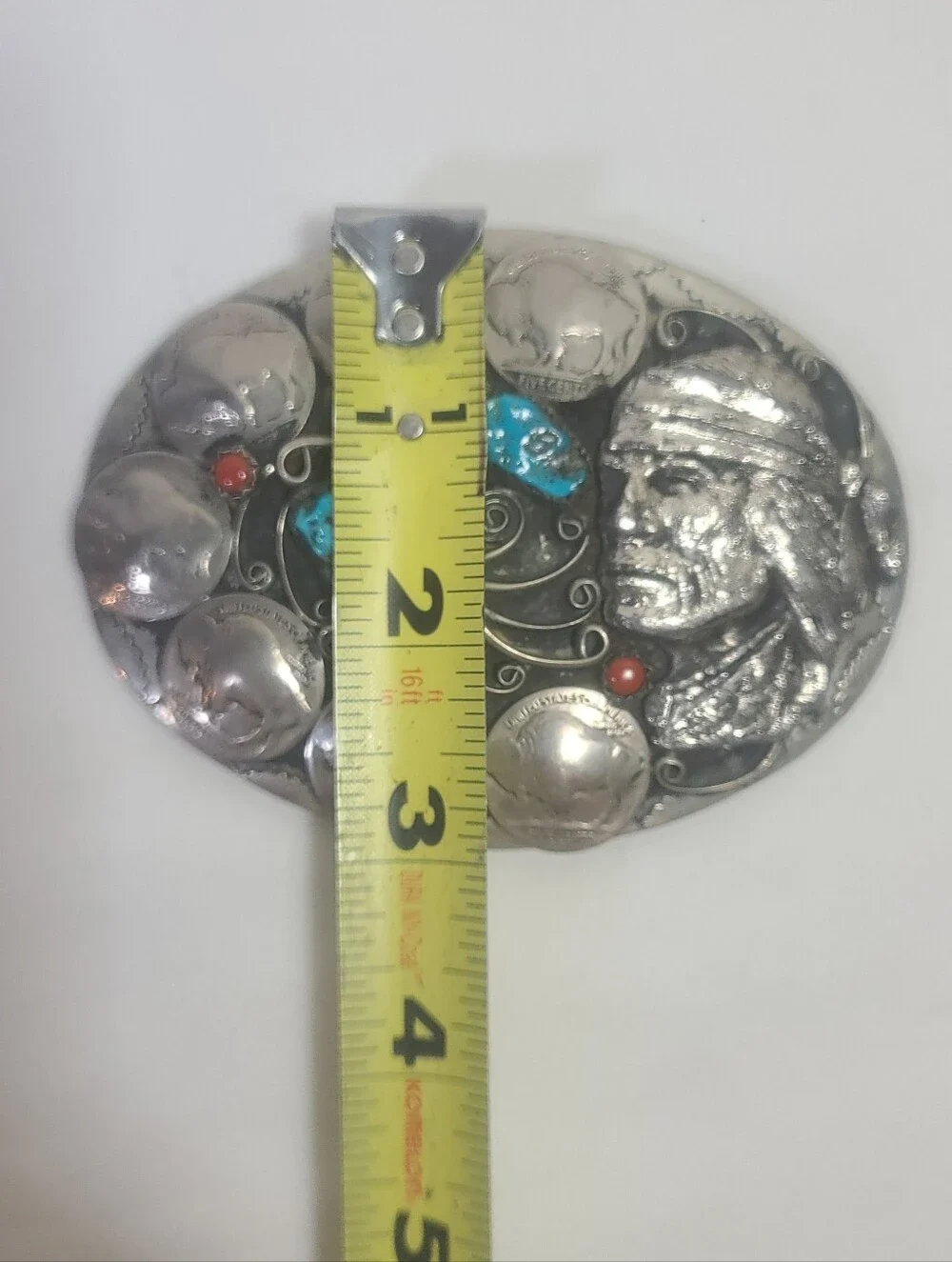 Native American Nickel Silver Turquoise Coral Buffalo Indian Head Belt Buckle